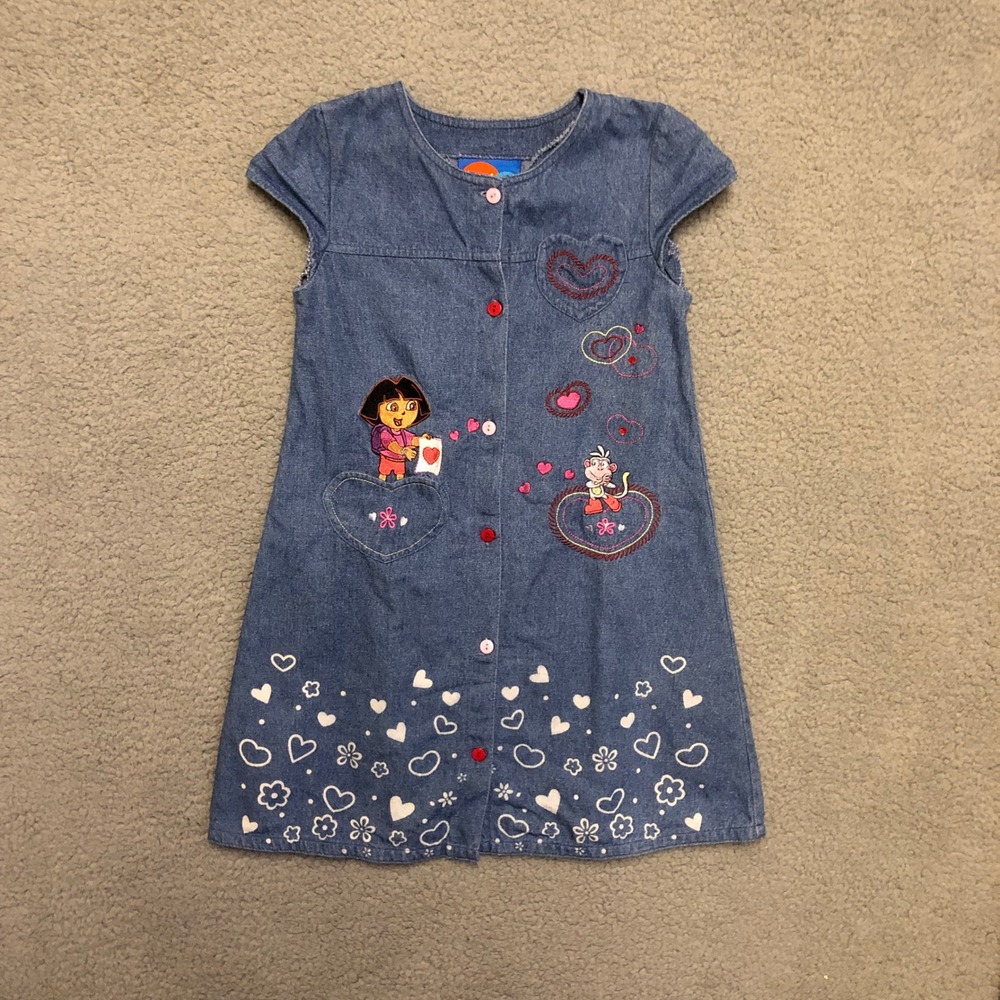 VTG Nick Jr Dora the Explorer Denim Dress Girls 6 Blue Embroidered Hearts Boots
